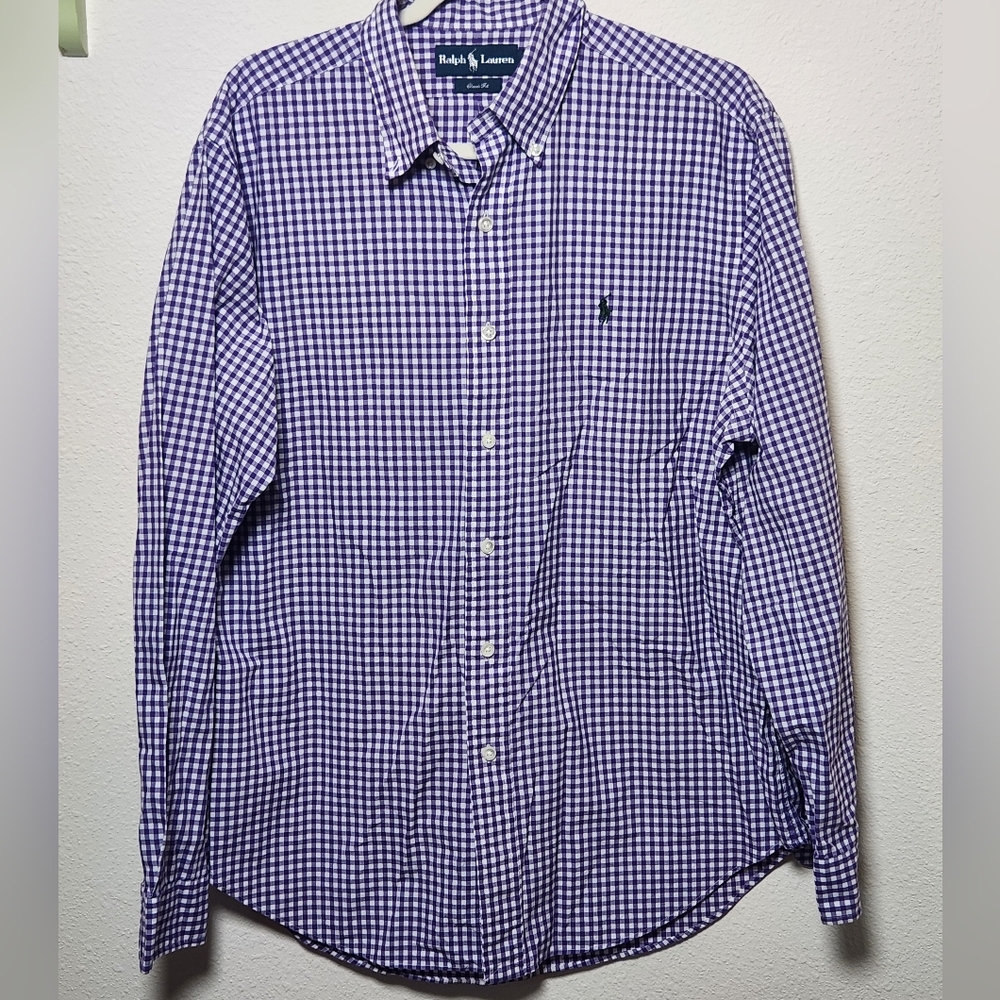 Ralph Lauren Men's Classic Fit Purple White Check Long Sleeve Button‎ Down Large
